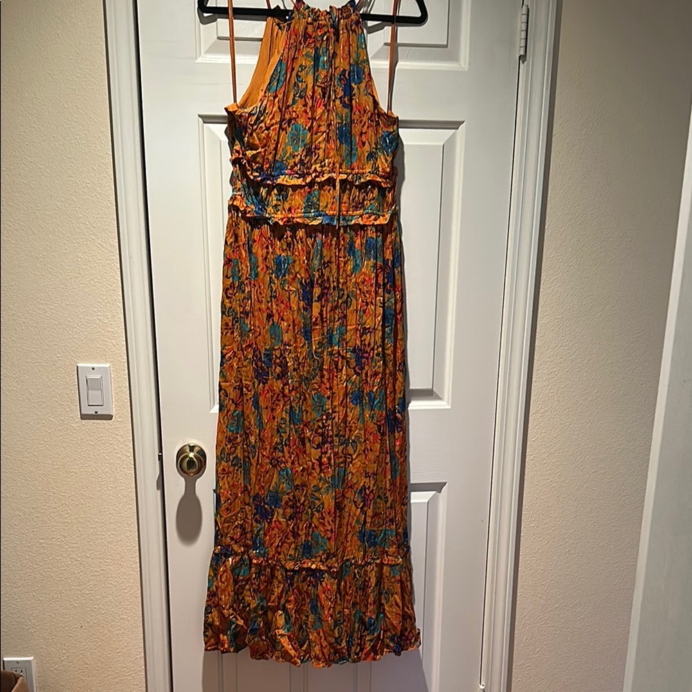 BCBGMaxAzria Orange Brown Pleated Tie Front Maxi Sundress